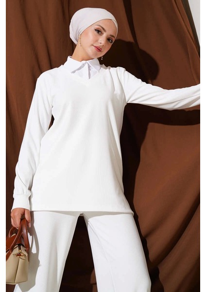 Gömlek Yaka Fitilli Salaş Ikili Takım Beyaz T4300 modelleri