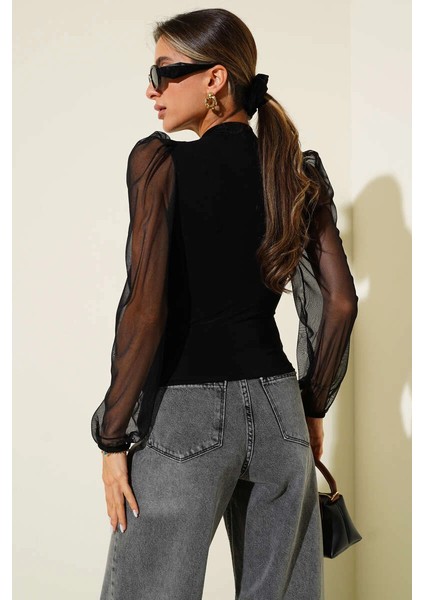 Dik Yaka Tül Kollu Bluz Siyah T3066 fırsatları