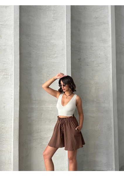 Volanlı Keten Şort Kahve S255058 fiyatları