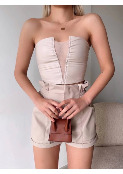 Tüllü Deri Crop Bej W24615