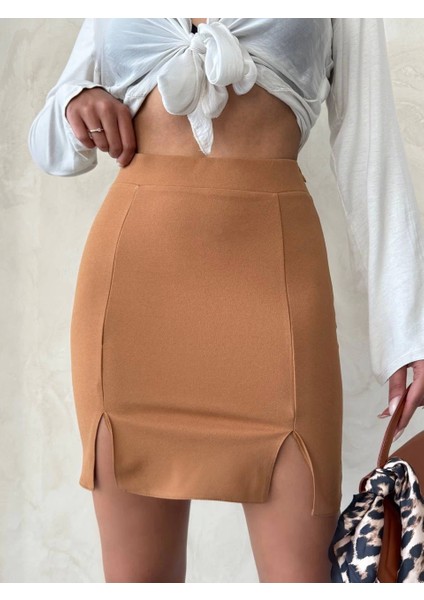 Çift Yırtmaçlı Etek Camel S25910