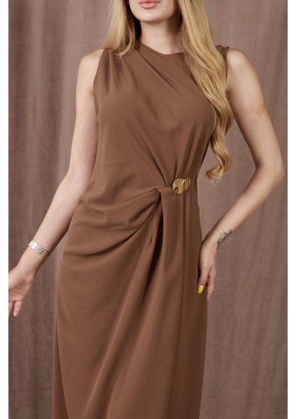 Kadın Kalın Askılı Yırtmaçlı Linda Kumaş Elbise Kahve fırsatları