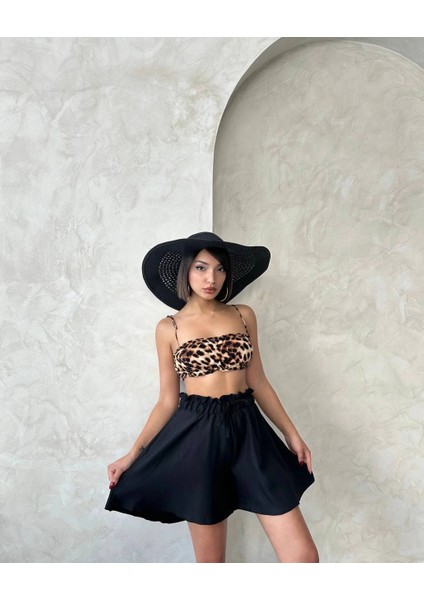 Volanlı Keten Şort Siyah S255058 fırsatları