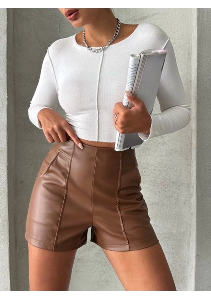 Parçalı Cepli Deri Şort Taba W26312 indirimleri