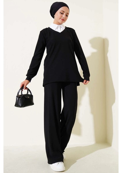 Gömlek Yaka Fitilli Salaş Ikili Takım Siyah T4300