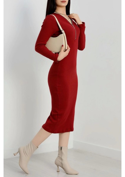 Fermuar Detaylı Fitilli Şardonlu Elbise Bordo A3178 fırsatları