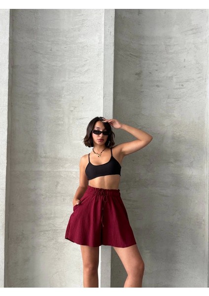 Volanlı Keten Şort Bordo S255058 indirimleri