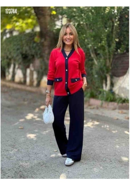 Kadın Uzun Kollu Ribanali Cep Detay Hırka ve Bol Paça Pantolon Ikili Takım, Kırmızı Gül Figürlü Kolye Hediye modelleri