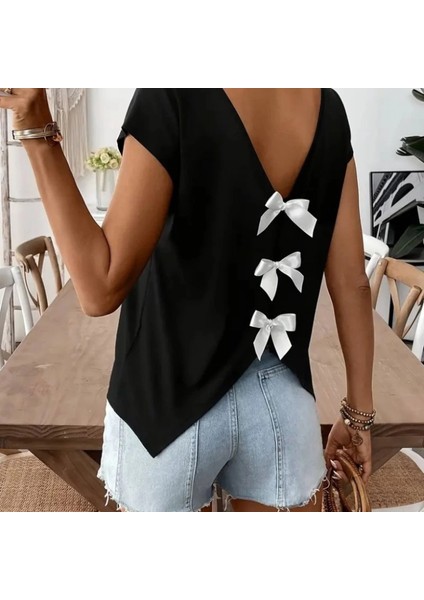 Mdb Kadın Kısa Kollu V Yakalı Arkadan Kurdele Detaylı Viskon Bluz