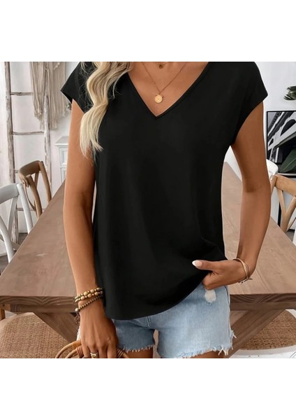 Mdb Kadın Kısa Kollu V Yakalı Arkadan Kurdele Detaylı Viskon Bluz fiyatları