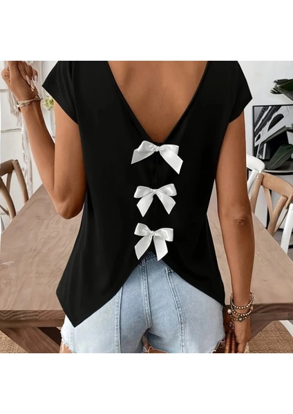 Mdb Kadın Kısa Kollu V Yakalı Arkadan Kurdele Detaylı Viskon Bluz modelleri
