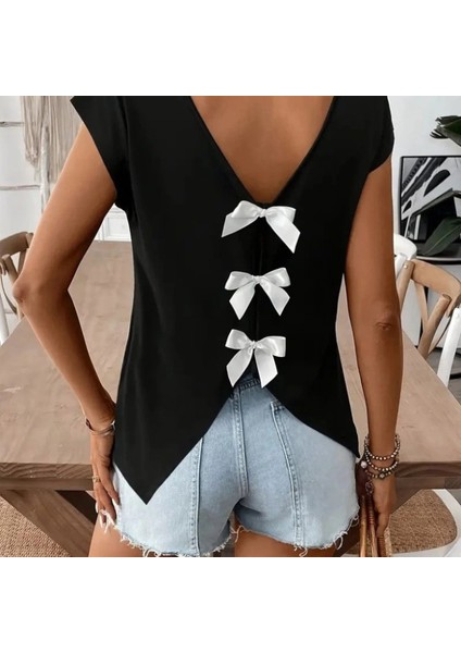 Mdb Kadın Kısa Kollu V Yakalı Arkadan Kurdele Detaylı Viskon Bluz indirimleri