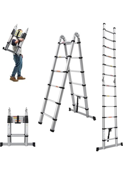 A Tipi Çift Yönlü 5,6 mt Paslanmaz Teleskopik Merdiven 9+9 Basamaklı (2,8 Mt+2,8 Mt)