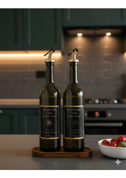 Ahşap Stantlı Amber Siyah Gold 2'li 750 ml Zeytinyağı Sıvıyağ Şişesi