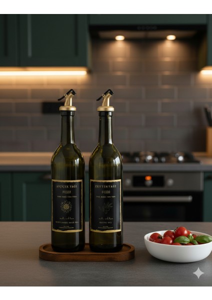 Ahşap Stantlı Amber Siyah Gold 2'li 750 ml Zeytinyağı Sıvıyağ Şişesi modelleri
