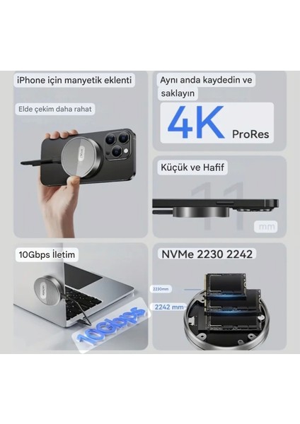 22302242 M.2 Nvme Ssd Muhafaza Kutusu Magsafeli 3.2 Gen2 10Gbps Süper Hızlı Magsafe Yapışkanlı Manyetik Telefon Tablet Macbook ipad Laptop Type-C Girişli Tüm Cihazlara Uyumlu Son Nesil Teknoloji fiyatları
