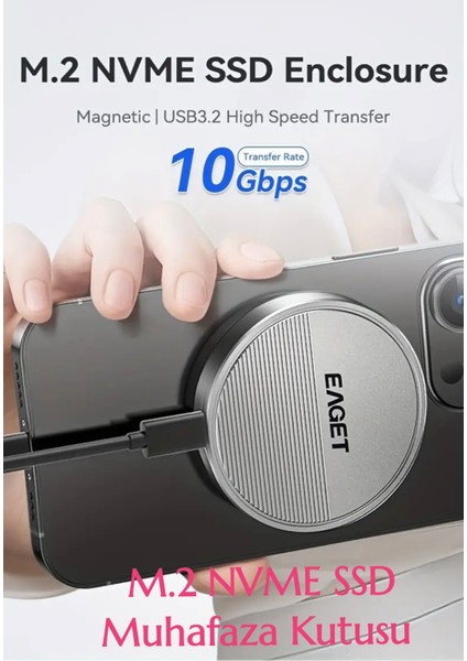 22302242 M.2 Nvme Ssd Muhafaza Kutusu Magsafeli 3.2 Gen2 10Gbps Süper Hızlı Magsafe Yapışkanlı Manyetik Telefon Tablet Macbook ipad Laptop Type-C Girişli Tüm Cihazlara Uyumlu Son Nesil Teknoloji