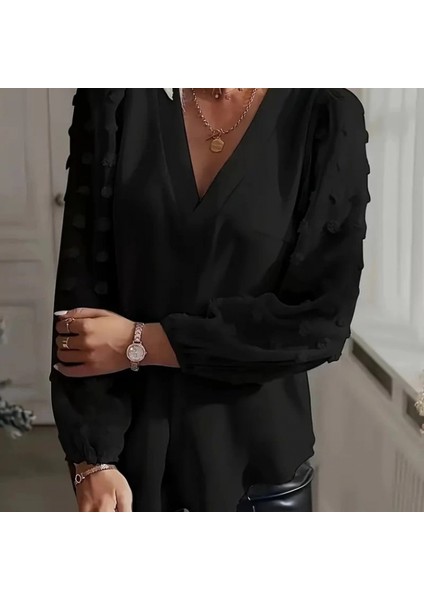 Mdb Kadın Uzun Kollu V Yakalı Kolları Popon Detaylı Sandy Bluz