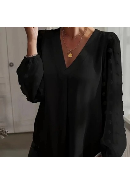 Mdb Kadın Uzun Kollu V Yakalı Kolları Popon Detaylı Sandy Bluz fırsatları