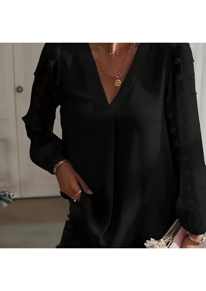 Mdb Kadın Uzun Kollu V Yakalı Kolları Popon Detaylı Sandy Bluz indirimleri