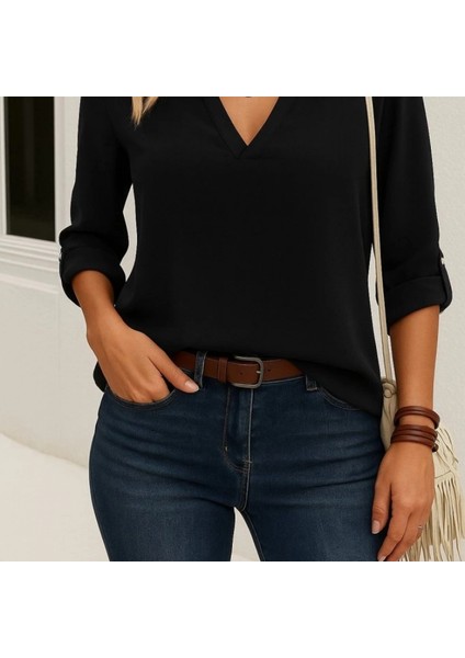 Mdb Kadın Uzun Kollu V Yakalı Ithal Krep Bluz modelleri