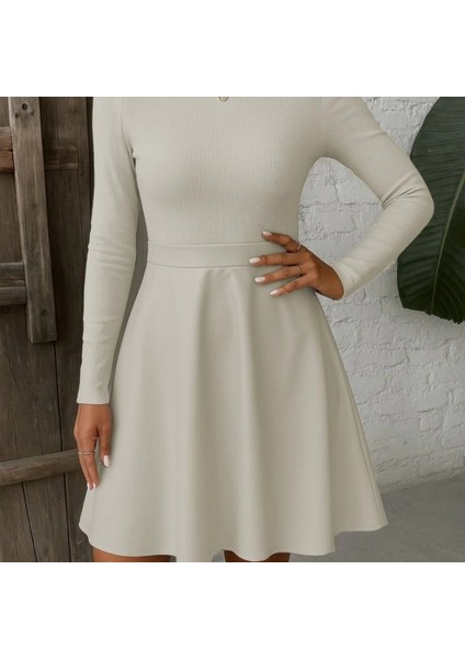 Mdb Kadın Uzun Kollu Balıkçı Yaka Üst Kaşkorse Alt Deri Detaylı Mini Elbise fiyatları