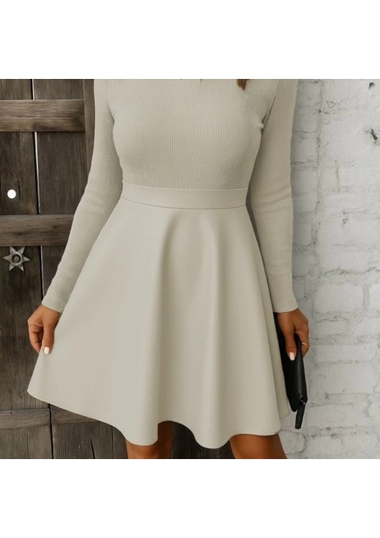 Mdb Kadın Uzun Kollu Balıkçı Yaka Üst Kaşkorse Alt Deri Detaylı Mini Elbise modelleri