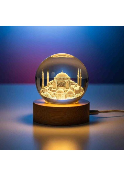 Özel Üretim 3D Sultanahmet Veya Ayasofya Camii Temalı Kristal Cam Küre LED Gün Işığı Usb'li Ahşap Tabanlı Dekor Sanat Eseri