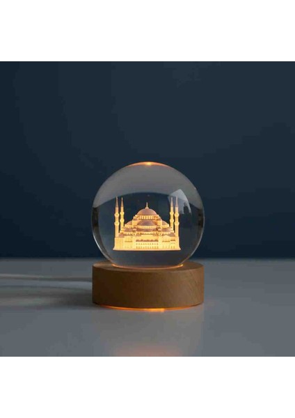 Özel Üretim 3D Sultanahmet Veya Ayasofya Camii Temalı Kristal Cam Küre LED Gün Işığı Usb'li Ahşap Tabanlı Dekor Sanat Eseri fiyatları