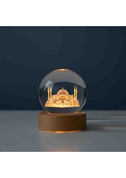 Özel Üretim 3D Sultanahmet Veya Ayasofya Camii Temalı Kristal Cam Küre LED Gün Işığı Usb'li Ahşap Tabanlı Dekor Sanat Eseri modelleri