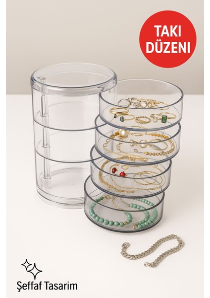 4 Katlı Şeffaf Döner Organizer – Takı, Makyaj ve Aksesuar Düzenleyici, Taşınabilir Tasarım Şeffaf modelleri