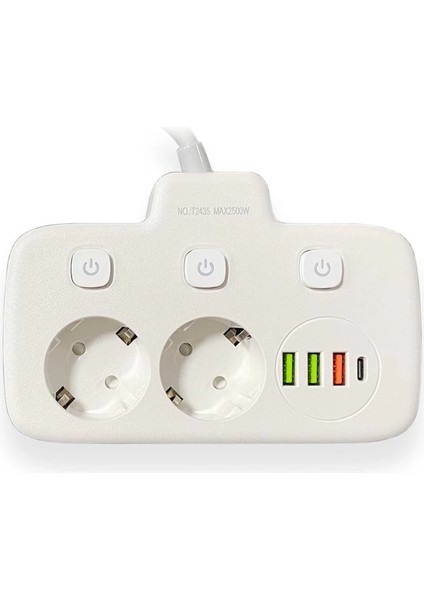 Akım Korumalı 2’li Ayrı Anahtarlı Priz, 2x Priz, 3x Usb, 1x Type-C, 2 mt Kablo, Hızlı Şarj modelleri