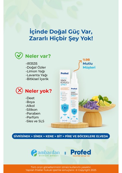 Profed Doğal Sinek, Kene ve Bit Kovucu Sprey - Türkiye'nin En Iyi Biyosidal Ruhsatlı Ürünü 2 Adet modelleri