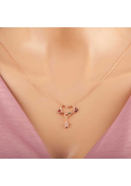 925 Ayar Gümüş Rose Kalp Yıldız Kadın Kolye T7354
