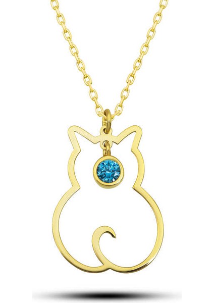 925 Ayar Gümüş Mart Ayı Doğum Taşı Kedi Kadın Kolye T8397
