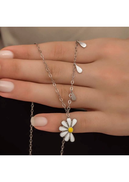 925 Ayar Gümüş Papatya Seviyor Sevmiyor Bayan Gümüş Kolye T5980