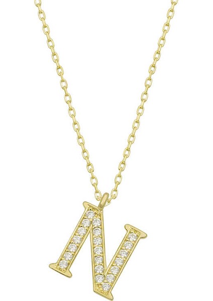 925 Ayar Gümüş Gold N Harfi Kadın Gümüş Kolye T6621