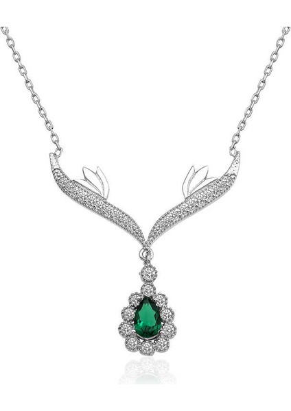 925 Ayar Gümüş Yeşil Taşlı Madalyon Kadın Gümüş Kolye T5023