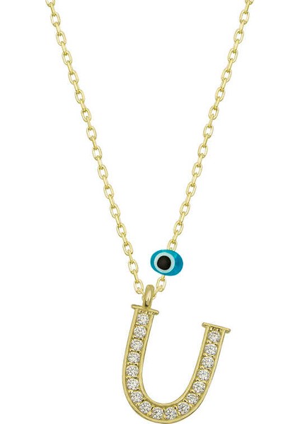 925 Ayar Gümüş Nazar Gold U Harfi Kadın Gümüş Kolye T6798