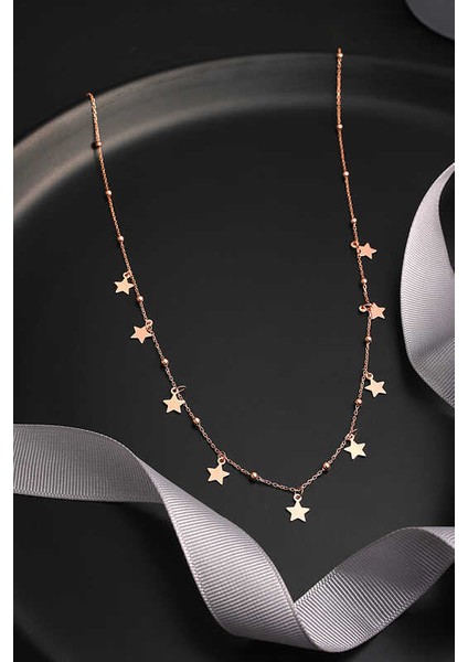 925 Ayar Gümüş Rose Yıldızlı Dorika Kadın Gümüş Kolye T7914