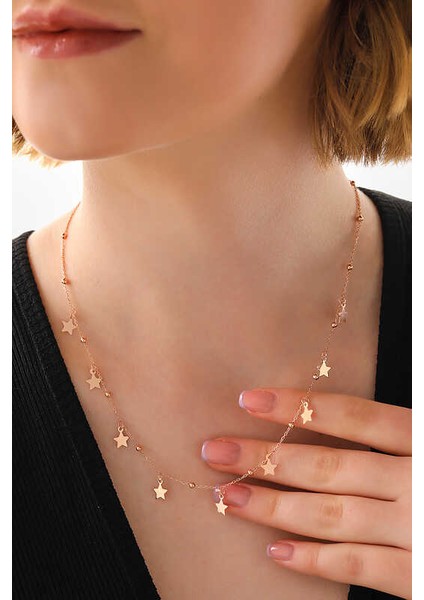 925 Ayar Gümüş Rose Yıldızlı Dorika Kadın Gümüş Kolye T7914 fiyatları