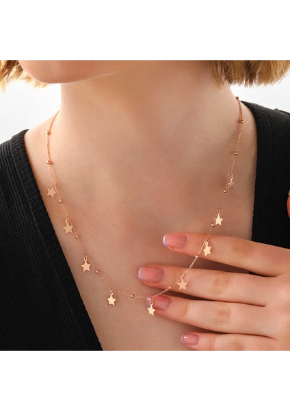 925 Ayar Gümüş Rose Yıldızlı Dorika Kadın Gümüş Kolye T7914 modelleri