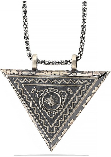 925 Ayar Gümüş Üçgen Içi Açılabilen Tuğra Muskalık Gümüş Kolye T6008