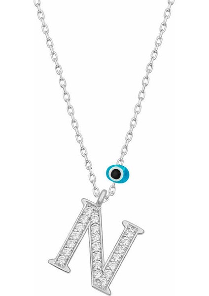 925 Ayar Gümüş Nazar Rodyum N Harfi Kadın Gümüş Kolye T6819