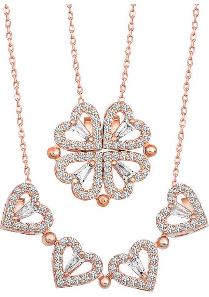 925 Ayar Gümüş Rose Kalpli Açılabilen Yonca Kadın Gümüş Kolye T6982 modelleri