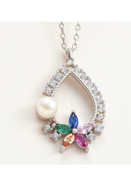 925 Ayar Gümüş Renkli Taşlı Çiçekli Kadın Kolye T7973