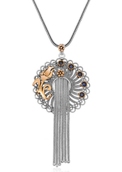 925 Ayar Gümüş Telkari Mavi Taşlı Kadın Gümüş Kolye T6394