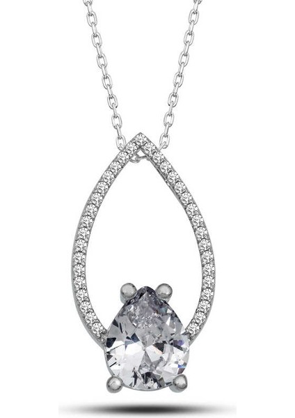 925 Ayar Gümüş Beyaz Taşlı Damla Kadın Gümüş Kolye T7122 fiyatları