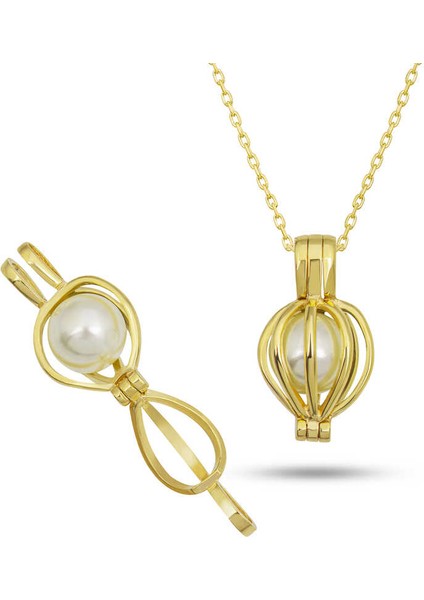 925 Ayar Gümüş Gold Beyaz Incili Kadın Kolye T7528