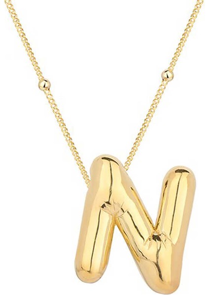 925 Ayar Gümüş Gold Balon N Harfi Kadın Kolye T7862